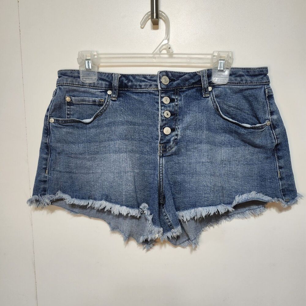 Shyanne Denim Shorts Size 32 Blue Distressed Frayed Hem Button Fly Mid Rise